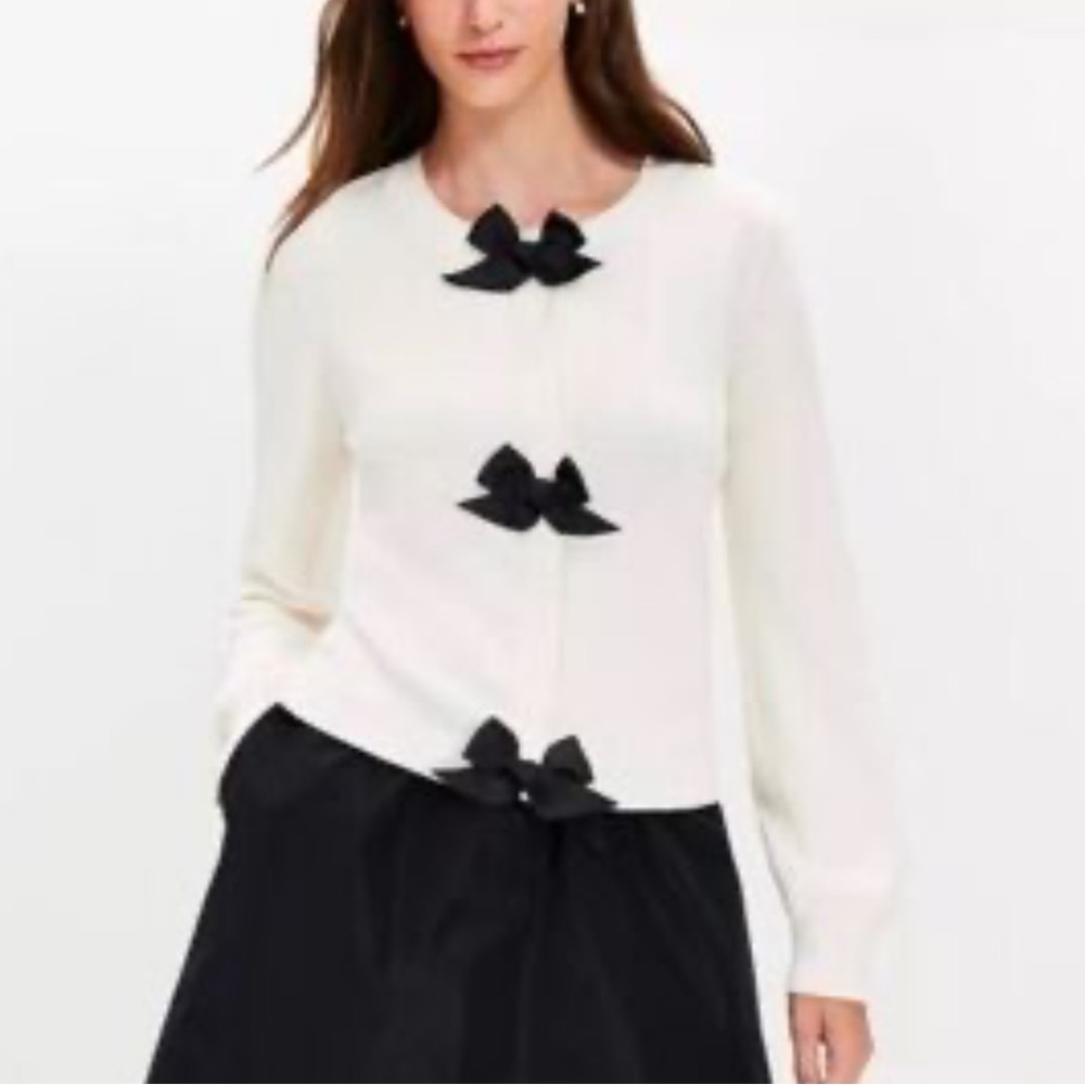 LOFT ivory White cotton Cardigan with Black‎ Bows Sz M